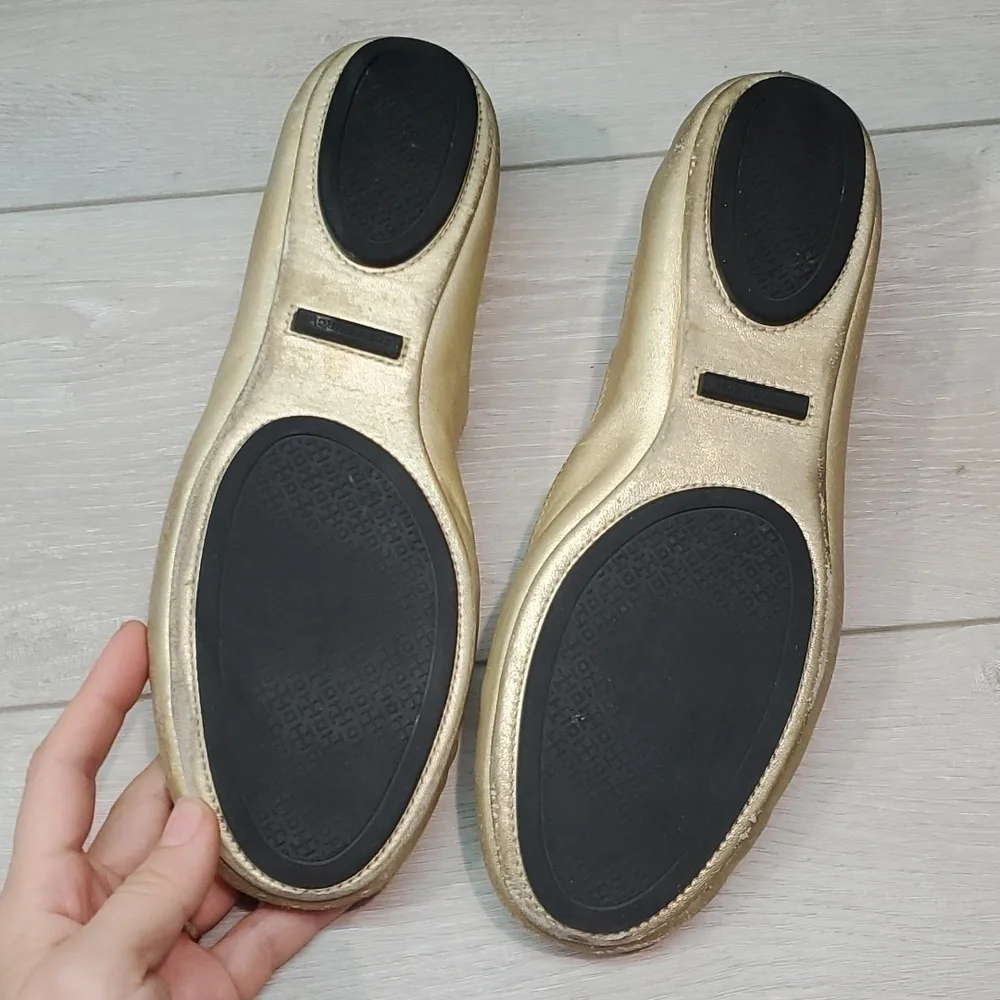 Tory Burch Women Logo Metallic MinnieLeather Gold Loafer Flat Ballet shoes sz 9M